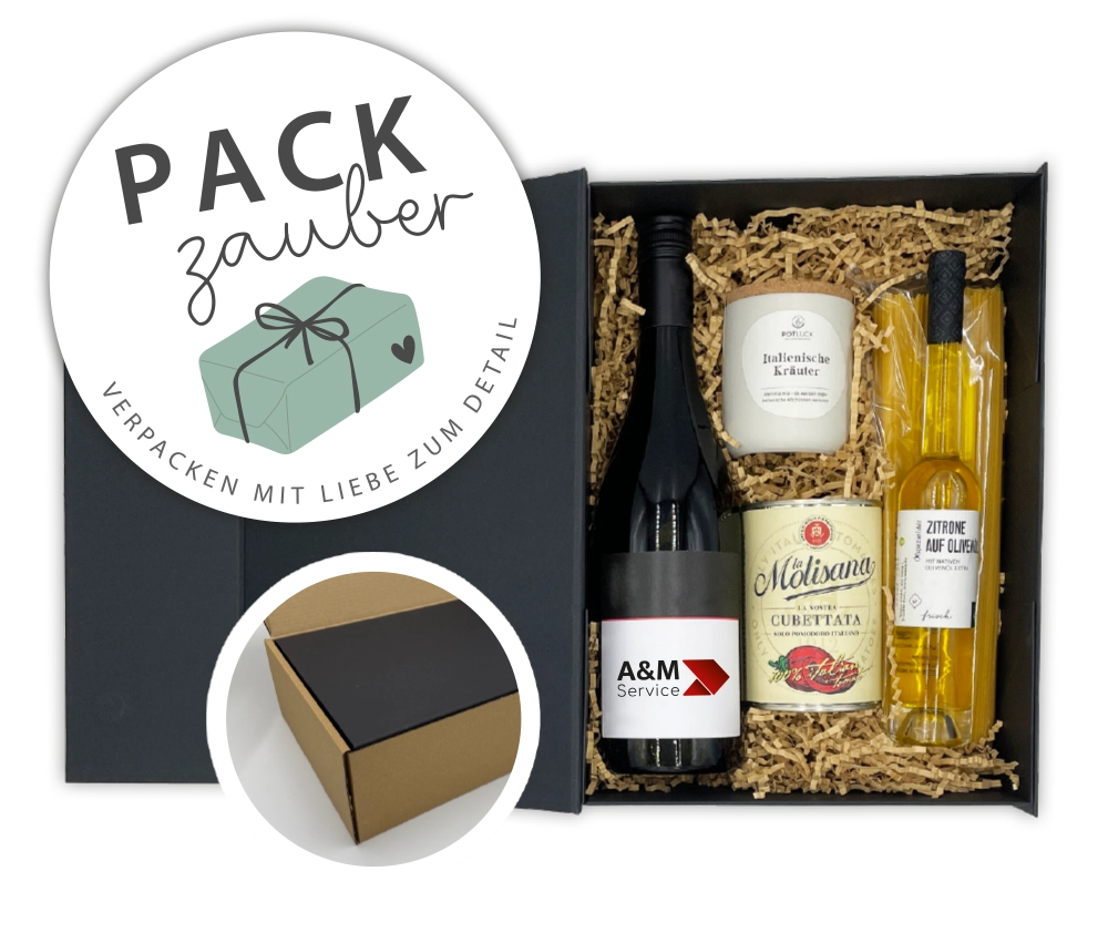 geschenk Fertig bestückte Packzauber-Geschenkbox mit Büchern, Antipasti und Duftkerze