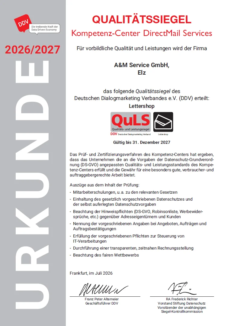 QuLS-Urkunde 2026/2027 für A&M Service GmbH – Bereich Lettershop