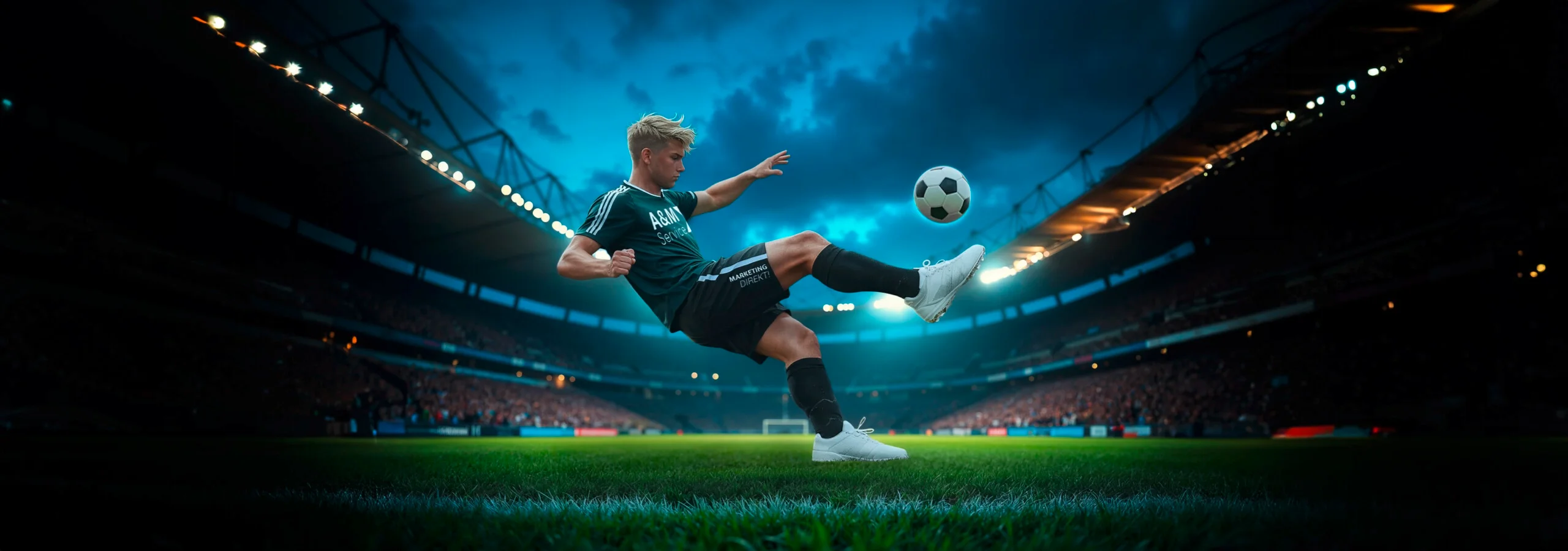 fussballwm-titelbild Fußballspieler im Stadion mit A&M-Service-Trikot zur WM 2026