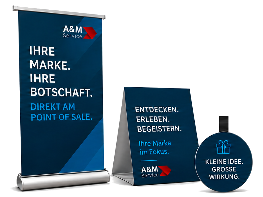 pos_promo A&M Roll-Up, Tischaufsteller und Wobbler am Point of Sale