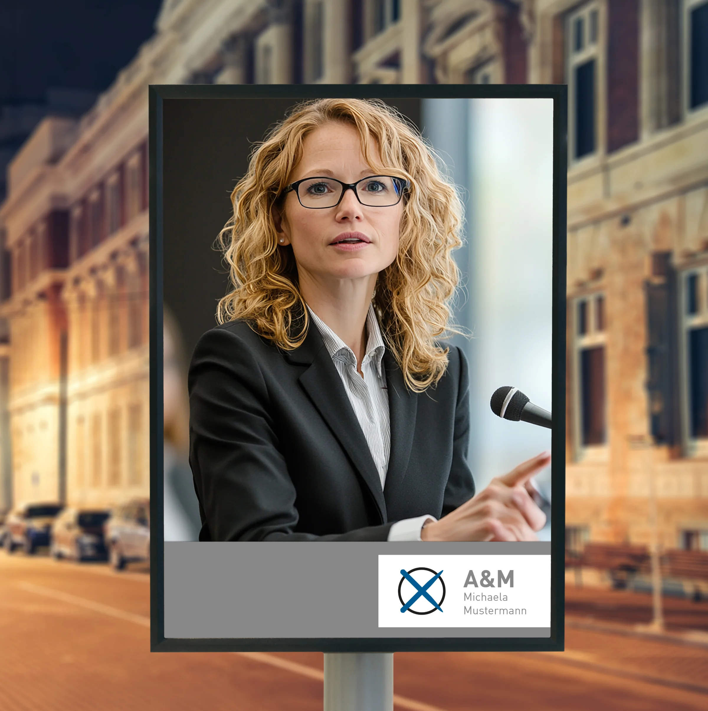 Wahlplakat einer Kandidatin im Stra&szlig;enraum